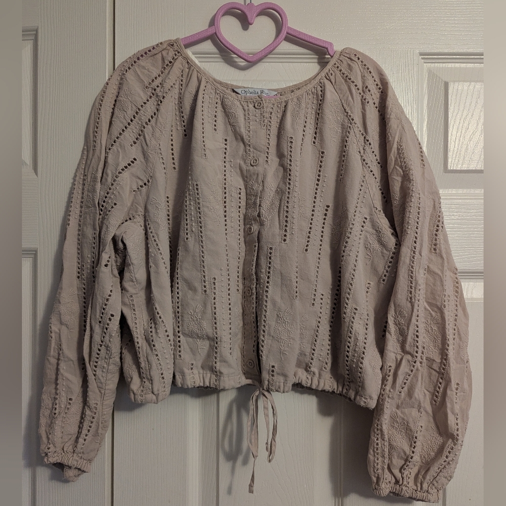 Ophelia Roe Chic Beige Eyelet Blouse with Drawstring Waist NWOT